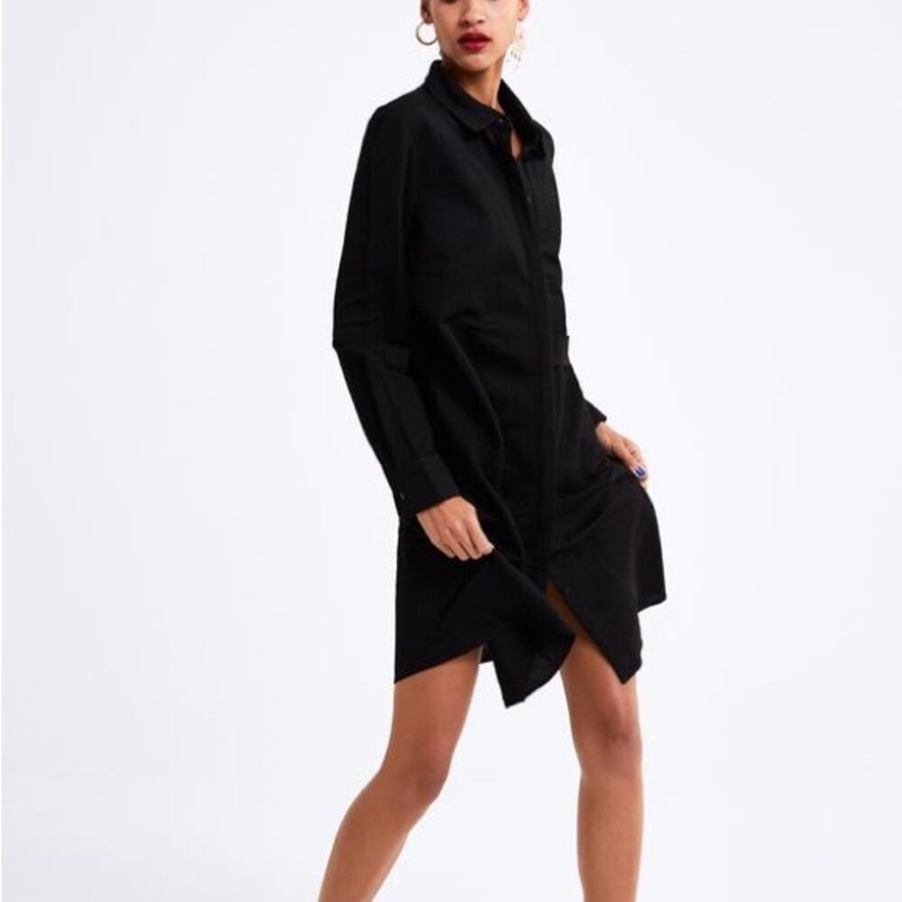 Zara Black Mini Button Down Collared Shirt Dress Size Small